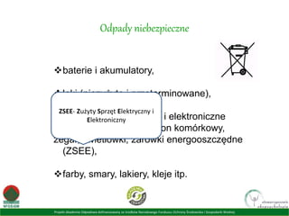 Projekt Akademia Odpadowa dofinansowany ze środków Narodowego Funduszu Ochrony Środowiska i Gospodarki Wodnej
Odpady niebezpieczne
baterie i akumulatory,
leki (niezużyte i przeterminowane),
urządzenia elektryczne i elektroniczne
(lodówka, komputer, telefon komórkowy,
zegar, świetlówki, żarówki energooszczędne
(ZSEE),
farby, smary, lakiery, kleje itp.
ZSEE- Zużyty Sprzęt Elektryczny i
Elektroniczny
 