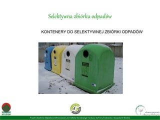 Projekt Akademia Odpadowa dofinansowany ze środków Narodowego Funduszu Ochrony Środowiska i Gospodarki Wodnej
Selektywna zbiórka odpadów
KONTENERY DO SELEKTYWNEJ ZBIÓRKI ODPADÓW
 