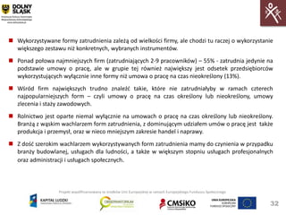  Wykorzystywane formy zatrudnienia zależą od wielkości firmy, ale chodzi tu raczej o wykorzystanie
  większego zestawu niż konkretnych, wybranych instrumentów.
 Ponad połowa najmniejszych firm (zatrudniających 2-9 pracowników) – 55% - zatrudnia jedynie na
  podstawie umowy o pracę, ale w grupie tej również największy jest odsetek przedsiębiorców
  wykorzystujących wyłącznie inne formy niż umowa o pracę na czas nieokreślony (13%).
 Wśród firm największych trudno znaleźd takie, które nie zatrudniałyby w ramach czterech
  najpopularniejszych form – czyli umowy o pracę na czas określony lub nieokreślony, umowy
  zlecenia i staży zawodowych.
 Rolnictwo jest oparte niemal wyłącznie na umowach o pracę na czas określony lub nieokreślony.
  Branżą z wąskim wachlarzem form zatrudnienia, z dominującym udziałem umów o pracę jest także
  produkcja i przemysł, oraz w nieco mniejszym zakresie handel i naprawy.
 Z dośd szerokim wachlarzem wykorzystywanych form zatrudnienia mamy do czynienia w przypadku
  branży budowlanej, usługach dla ludności, a także w większym stopniu usługach profesjonalnych
  oraz administracji i usługach społecznych.



                  Projekt współfinansowany ze środków Unii Europejskiej w ramach Europejskiego Funduszu Społecznego


                                                                                                                      32
 