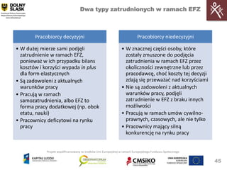 Dwa typy zatrudnionych w ramach EFZ



        Pracobiorcy decyzyjni                                                 Pracobiorcy niedecyzyjni

• W dużej mierze sami podjęli                                     • W znacznej części osoby, które
  zatrudnienie w ramach EFZ,                                        zostały zmuszone do podjęcia
  ponieważ w ich przypadku bilans                                   zatrudnienia w ramach EFZ przez
  kosztów i korzyści wypada in plus                                 okoliczności zewnętrzne lub przez
  dla form elastycznych                                             pracodawcę, chod koszty tej decyzji
• Są zadowoleni z aktualnych                                        zdają się przeważad nad korzyściami
  warunków pracy                                                  • Nie są zadowoleni z aktualnych
• Pracują w ramach                                                  warunków pracy, podjęli
  samozatrudnienia, albo EFZ to                                     zatrudnienie w EFZ z braku innych
  forma pracy dodatkowej (np. obok                                  możliwości
  etatu, nauki)                                                   • Pracują w ramach umów cywilno-
• Pracownicy deficytowi na rynku                                    prawnych, czasowych, ale nie tylko
  pracy                                                           • Pracownicy mający silną
                                                                    konkurencję na rynku pracy


            Projekt współfinansowany ze środków Unii Europejskiej w ramach Europejskiego Funduszu Społecznego


                                                                                                                45
 