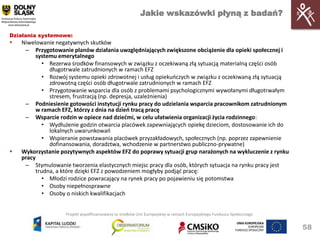 Jakie wskazówki płyną z badań?

Działania systemowe:
   Niwelowanie negatywnych skutków
     – Przygotowanie planów działania uwzględniających zwiększone obciążenie dla opieki społecznej i
         systemu emerytalnego
            • Rezerwa środków finansowych w związku z oczekiwaną złą sytuacją materialną części osób
              długotrwale zatrudnionych w ramach EFZ
            • Rozwój systemu opieki zdrowotnej i usług opiekuoczych w związku z oczekiwaną złą sytuacją
              zdrowotną części osób długotrwale zatrudnionych w ramach EFZ
            • Przygotowanie wsparcia dla osób z problemami psychologicznymi wywołanymi długotrwałym
              stresem, frustracją (np. depresja, uzależnienia)
     – Podniesienie gotowości instytucji rynku pracy do udzielania wsparcia pracownikom zatrudnionym
         w ramach EFZ, którzy z dnia na dzieo tracą pracę
     – Wsparcie rodzin w opiece nad dziedmi, w celu ułatwienia organizacji życia rodzinnego:
            • Wydłużenie godzin otwarcia placówek zapewniających opiekę dzieciom, dostosowanie ich do
              lokalnych uwarunkowao
            • Wspieranie powstawania placówek przyzakładowych, społecznych (np. poprzez zapewnienie
              dofinansowania, doradztwa, wchodzenie w partnerstwo publiczno-prywatne)
   Wykorzystanie pozytywnych aspektów EFZ do poprawy sytuacji grup narażonych na wykluczenie z rynku
    pracy
     – Stymulowanie tworzenia elastycznych miejsc pracy dla osób, których sytuacja na rynku pracy jest
         trudna, a które dzięki EFZ z powodzeniem mogłyby podjąd pracę:
            • Młodzi rodzice powracający na rynek pracy po pojawieniu się potomstwa
            • Osoby niepełnosprawne
            • Osoby o niskich kwalifikacjach


                    Projekt współfinansowany ze środków Unii Europejskiej w ramach Europejskiego Funduszu Społecznego


                                                                                                                        58
 
