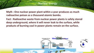 Nuclear energy
Myth : One nuclear power plant within a year produces as much
radioactive poison as a thousand atomic bombs...