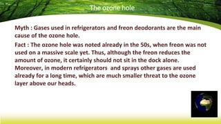 The ozone hole
Myth : Gases used in refrigerators and freon deodorants are the main
cause of the ozone hole.
Fact : The oz...