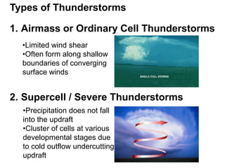 Types of Thunderstorms
1. Airmass or Ordinary Cell Thunderstorms
•Limited wind shear
•Often form along shallow
boundaries of converging
surface winds

2. Supercell / Severe Thunderstorms
•Precipitation does not fall
into the updraft
•Cluster of cells at various
developmental stages due
to cold outflow undercutting
updraft

 