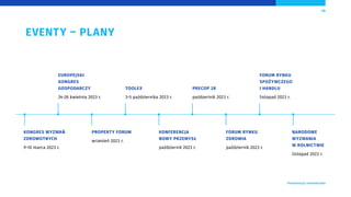 EVENTY – PLANY
PRECOP 28
paźdzerinik 2023 r.
NARODOWE
WYZWANIA
W ROLNICTWIE
listopad 2023 r.
FORUM RYNKU
SPOŻYWCZEGO
I HANDLU
listopad 2023 r.
EUROPEJSKI
KONGRES
GOSPODARCZY
24-26 kwietnia 2023 r.
TOOLEX
3-5 października 2023 r.
KONGRES WYZWAŃ
ZDROWOTNYCH
9-10 marca 2023 r.
PROPERTY FORUM
wrzesień 2023 r.
KONFERENCJA
NOWY PRZEMYSŁ
październik 2023 r.
FORUM RYNKU
ZDROWIA
październik 2023 r.
 Prezentacja Inwestorska
10
 