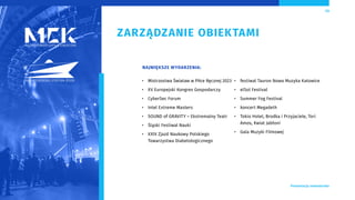 ZARZĄDZANIE OBIEKTAMI
NAJWIĘKSZE WYDARZENIA:
• Mistrzostwa Świataw w Piłce Ręcznej 2023
• XV Europejski Kongres Gospodarczy
• CyberSec Forum
• Intel Extreme Masters
• SOUND of GRAVITY – Ekstremalny Teatr
• Śląski Festiwal Nauki
• XXIV Zjazd Naukowy Polskiego
Towarzystwa Diabetologicznego
• festiwal Tauron Nowa Muzyka Katowice
• elSol Festival
• Summer Fog Festival
• koncert Megadeth
• Tokio Hotel, Brodka i Przyjaciele, Tori
Amos, Kwiat Jabłoni
• Gala Muzyki Filmowej
13
 Prezentacja Inwestorska
 