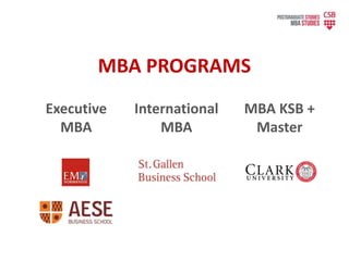MBA PROGRAMS
International
MBA
Executive
MBA
MBA KSB +
Master
 
