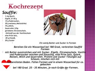 19
Souffle:
 ¼ kg Quark,
 Eigelb, Ei 50 g
 15 g Puderzucker,
 30 g maizeny (Maisstärke)
 75 g Milch,
 Sauerrahm 125g
 geriebene Zitronenschale,
 Zellstoff aus der Vanilleschote
 eine Prise Salz,
 85 g Eiweiß,
 20 g Zucker
 Ein wenig Butter und Zucker in Formen
        Bereiten Sie ein Wasserbad bei 180 Grad, verbreiten Soufflé
Formen
 mit Butter ausstreichen und mit Zucker. Eigelb, Zitronenschale, Vanille
und Puderzucker mischen und flauschig, eine Prise Salz, Quark,
Maizen, Milch und Sauerrahm. Protein und Zucker Tötungen auf
Schaum, mischen sich mit
 vorbereiteten Boden. Füllen Formen und in einem Wasserbad für ca.
gebacken
 bei 180 Grad. 25 - 35 Minuten, je nach Größe der Formen.
 