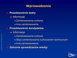 Knowledge
Development
1
-
3
Wprowadzenie
 Przedstawienie kadry
 Informacje
 Zainteresowania nurkowe
 Inne zainteresowa...