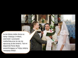 Pan Młody i Pani Młoda składają sobie przysięgę.
Ja Jan biorę ciebie Anno za
żonę i ślubuję ci miłość,
wierność i uczciwość
małżeńską oraz że cię nie
opuszczę aż do śmierci. Tak mi
dopomóż Panie Boże
wszechmogący w Trójcy Jedyny
i wszyscy święci.
 