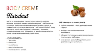 АКТИВНЫЕ ВЕЩЕСТВА: 
 Трегалоза; 
 масло Ши; 
 масло Какао; 
 Виноградное масло; 
 масло из лесных орехов. 
ДЕЙСТВИЕ МАСЛА ИЗ ЛЕСНЫХ ОРЕХОВ: 
 глубоко проникает в кожу, укрепляя стенки 
сосудов; 
 ускоряет восстановление клеток 
эпидермиса; 
 обладает стягивающими, разглаживающими, 
питательными свойствами; 
 интенсивный аромат обладает сильными 
расслабляющими свойствами. 
Масло из лесных орехов (Oleum Corylus Avellana) получают 
методом холодного отжима очищенных орехов. Самые большие 
плантации орехов расположены в Испании, Италии, Турции, а 
также в США. Растут также и в Польше. Семя ореха содержит 55-65 
% масла .В его составе содержится олеиновая, линолевая, 
пальметиновая кислоты, витамины A, E, минеральные вещества, 
белок. Питает и омолаживает все типы кожи. 
 