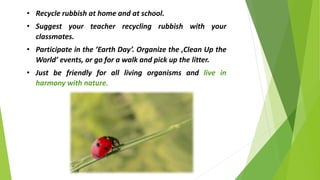 • Recycle rubbish at home and at school.
• Suggest your teacher recycling rubbish with your
classmates.
• Participate in the ’Earth Day’. Organize the ‚Clean Up the
World’ events, or go for a walk and pick up the litter.
• Just be friendly for all living organisms and live in
harmony with nature.
 
