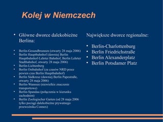 Kolej w Niemczech

Główne dworce dalekobieżne
Berlina:

Berlin-Gesundbrunnen (otwarty 28 maja 2006)

Berlin Hauptbahnhof (dawniej Berlin
Hauptbahnhof-Lehrter Bahnhof, Berlin Lehrter
Stadtbahnhof, otwarty 28 maja 2006)

Berlin-Lichtenberg

Berlin Ostbahnhof (za czasów NRD przez
pewien czas Berlin Hauptbahnhof)

Berlin Südkreuz (dawniej Berlin Papestraße,
otwarty 28 maja 2006)

Berlin-Wannsee (niewielkie znaczenie
transportowe)

Berlin-Spandau (połączenia w kierunku
zachodnim)

Berlin Zoologischer Garten (od 28 maja 2006
tylko pociągi dalekobieżne prywatnego
przewoźnika Connex)
Największe dworce regionalne:

Berlin-Charlottenburg

Berlin Friedrichstraße

Berlin Alexanderplatz

Berlin Potsdamer Platz
 
