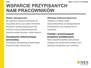 Dobór ubezpieczeń
By zapewnić naszych partnerów że
wszystkie strony są w pełni chronione
oferujemy szereg ubezpieczeń dla
pokrycia naszej odpowiedzialności
prawnej wobec klientów i osób trzecich.
Zarządzanie dokumentacją
personalną
Posiadamy akredytację prestiżowego
Payroll Quality Partnership
Obsługa kadrowo-płacowa
Jesteśmy w stanie wziąć
odpowiedzialność za wynagradzanie
kontraktorów oraz rozliczanie ich
wydatków.
Podatki i przestrzeganie
przepisów podatkowych
Nasz zespół ekspertów jest zawsze
dostępny by zaoferować porady w tym
zakresie kandydatom jak i klientom.
WSPARCIE PRZYPISANYCH
NAM PRACOWNIKÓW
 