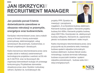 JAN ISKRZYCKI//
RECRUITMENT MANAGER
Jan posiada ponad 5-letnie
doświadczenie zawodowe w
obszarze rekrutacji w przemyśle,
energetyce oraz budownictwie.
Kandydaci rekomendowani przez Jana znaleźli
pracę w firmach z branży automatyki
przemysłowej, elektroenergetyki, usług
serwisowych dla przemysłu, budownictwa, w
firmach projektowych i doradczych.
Kadra kierownicza rekomendowana przez Jana
wzięła udział w realizacji zawansowanych
technologicznie projektów o wartości od 50 mln
do 5 mld PLN. oraz na kluczowych dla
organizacji stanowiskach budując ich przewagę
konkurencyjną. Przykładowe stanowiska
obsadzone przez Jana: Dyrektor rozbudowy
rafinerii, Dyrektor ds. kontraktowych dla
projektu PPP, Dyrektor ds.
inwestycji i zarządzania
majątkiem, Z-ca Dyrektora budowy elektrowni,
Kierownik budowy spalarni, Kierownik projektu
budowy linii 400kv, Kierownik projektu budowy
stacji 400/110kv, Koordynator ds. elektrycznych
budowy naftoportu, Kierownik ds. zapewnienia
jakości na budowie elektrowni i wiele innych.
Kadra inżynieryjna rekomendowana przez Jana
przyczyniła się do powstania wielu inwestycji:
budowa spalarni odpadów komunalnych,
budowa elektrowni, budowa fabryki wosku
mineralnego, budowa terminala naftowego,
budowa oczyszczalni ścieków i spalarni
odpadów pościekowych, budowa wielu linii i
stacji energetycznych.
 