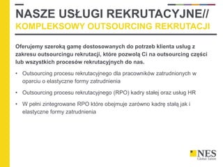 NASZE USŁUGI REKRUTACYJNE//
KOMPLEKSOWY OUTSOURCING REKRUTACJI
Oferujemy szeroką gamę dostosowanych do potrzeb klienta usług z
zakresu outsourcingu rekrutacji, które pozwolą Ci na outsourcing części
lub wszystkich procesów rekrutacyjnych do nas.
• Outsourcing procesu rekrutacyjnego dla pracowników zatrudnionych w
oparciu o elastyczne formy zatrudnienia
• Outsourcing procesu rekrutacyjnego (RPO) kadry stałej oraz usług HR
• W pełni zintegrowane RPO które obejmuje zarówno kadrę stałą jak i
elastyczne formy zatrudnienia
 