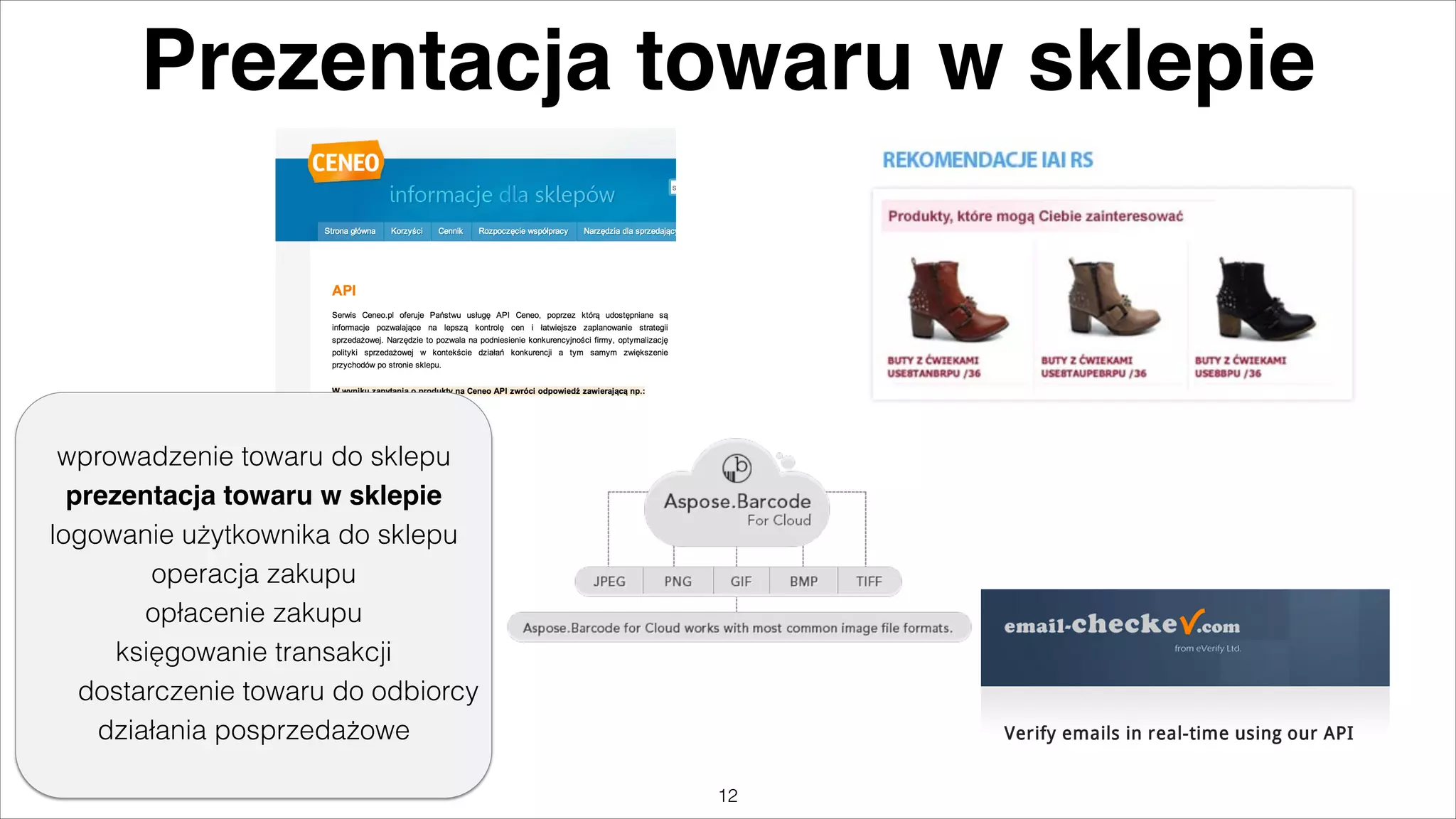 Prezentacja towaru w sklepie

wprowadzenie towaru do sklepu
prezentacja towaru w sklepie%
logowanie użytkownika do sklepu
operacja zakupu
opłacenie zakupu
księgowanie transakcji
dostarczenie towaru do odbiorcy
działania posprzedażowe
"12

 