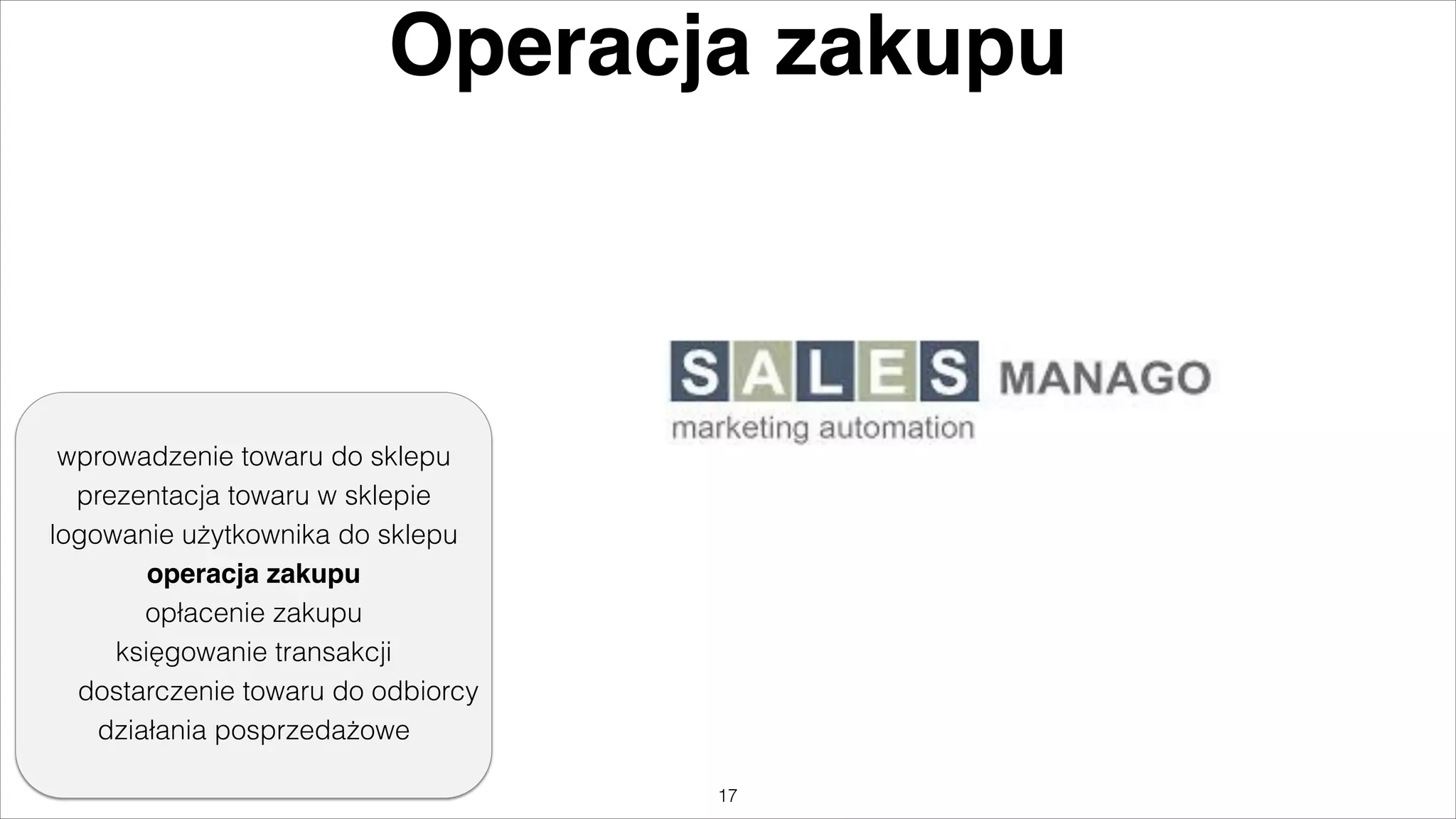 Operacja zakupu

wprowadzenie towaru do sklepu
prezentacja towaru w sklepie
logowanie użytkownika do sklepu
operacja zakupu%
opłacenie zakupu
księgowanie transakcji
dostarczenie towaru do odbiorcy
działania posprzedażowe
"17

 