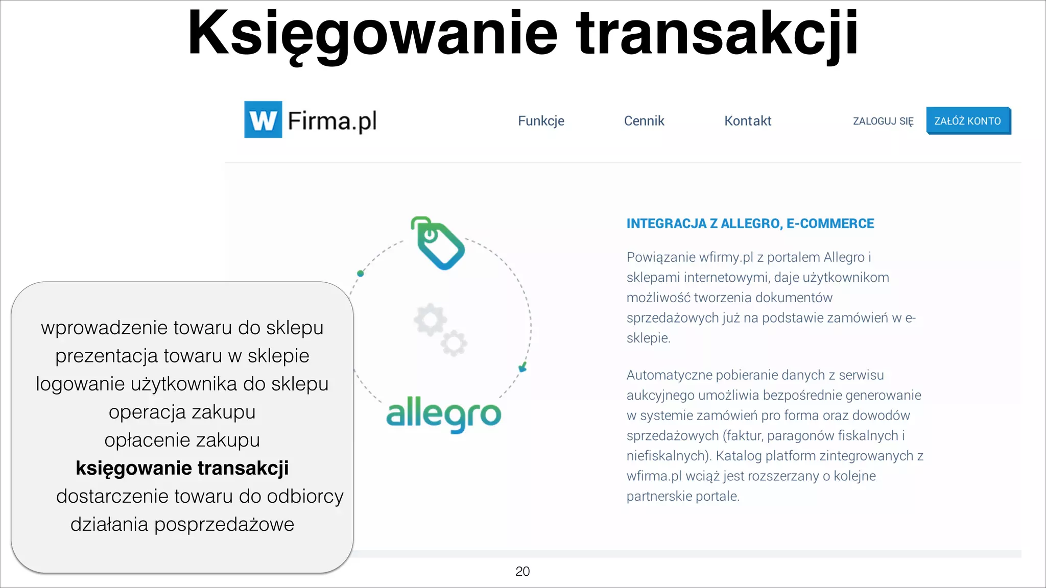 Księgowanie transakcji

wprowadzenie towaru do sklepu
prezentacja towaru w sklepie
logowanie użytkownika do sklepu
operacja zakupu
opłacenie zakupu
księgowanie transakcji%
dostarczenie towaru do odbiorcy
działania posprzedażowe
"20

 