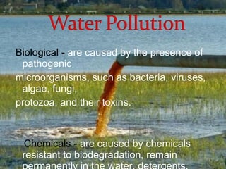 Biological - are caused by the presence of 
pathogenic 
microorganisms, such as bacteria, viruses, 
algae, fungi, 
protozoa, and their toxins. 
Chemicals - are caused by chemicals 
resistant to biodegradation, remain 
permanently in the water, detergents, 
 
