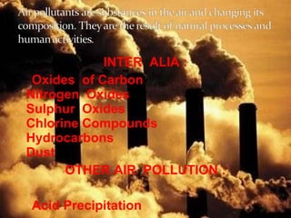 INTER ALIA : 
Oxides of Carbon 
Nitrogen Oxides 
Sulphur Oxides 
Chlorine Compounds 
Hydrocarbons 
Dust 
OTHER AIR POLLUTION : 
Acid Precipitation 
 