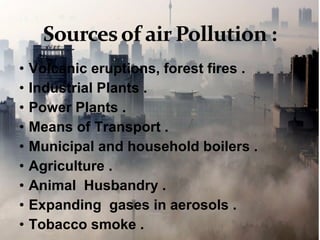 • Volcanic eruptions, forest fires . 
• Industrial Plants . 
• Power Plants . 
• Means of Transport . 
• Municipal and household boilers . 
• Agriculture . 
• Animal Husbandry . 
• Expanding gases in aerosols . 
• Tobacco smoke . 
 