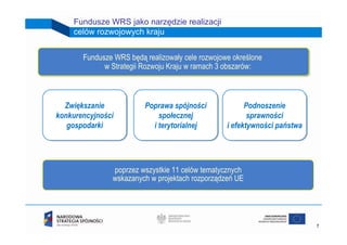 Fundusze WRS jako narzędzie realizacji
    celów rozwojowych kraju


       Fundusze WRS będą realizowały cele rozwojowe określone
             w Strategii Rozwoju Kraju w ramach 3 obszarów:



  Zwiększanie
   Zwiększanie           Poprawa spójności
                         Poprawa spójności               Podnoszenie
                                                         Podnoszenie
konkurencyjności
konkurencyjności              społecznej
                               społecznej                 sprawności
                                                          sprawności
   gospodarki
   gospodarki              ii terytorialnej
                               terytorialnej      ii efektywności państwa
                                                     efektywności państwa




               poprzez wszystkie 11 celów tematycznych
               wskazanych w projektach rozporządzeń UE




                                                                            7
 