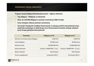 PROGRAM EMISJI OBLIGACJI

Program Emisji Obligacji Niezabezpieczonych – Ogólne założenia:
    Typ obligacji – Obligacje na okaziciela
    Ilość: do 150 000 Obligacji o wartości nominalnej 1000 zł każda
    Cena emisyjna: Równa wartości nominalnej
    Cel emisji: Pozyskanie środków finansowych na zakupy portfeli wierzytelności przez
    podmioty wchodzące w skład Grupy oraz sfinansowanie kosztów obsługi nabytych
    przez Grupę pakietów wierzytelności


             Parametry                    Obligacje serii B              Obligacje serii C

Wartość nominalna jednej Obligacji                     1.000 PLN                       1.000 PLN

Liczba Obligacji                                    30.000 sztuk                    30.000 sztuk

Wartość emisji                                   30.000.000 PLN                  30.000.000 PLN

Oprocentowanie                       zmienne, WIBOR 6M + 5 p.p.    zmienne, WIBOR 6M + 5,2 p.p.

Rynek notowań                                       ASO Catalyst                    ASO Catalyst

Termin zapadalności                           12 grudnia 2013 r.              23 sierpnia 2014 r.


                                                                                                    21
 