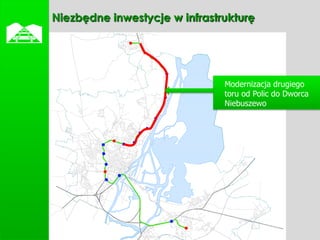    Niezbędne inwestycje w infrastrukturę




                                   Modernizacja drugiego
                                   toru od Polic do Dworca
                                   Niebuszewo
 