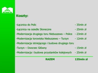 
    Koszty:

    -Łącznica do Polic                                  - 35mln zł
    -Łącznica na osiedle Słoneczne                      - 25mln zł
    -Modernizacja drugiego toru Niebuszewo – Police     - 23mln zł
    -Modernizacja torowiska Niebuszewo – Turzyn         - 12mln zł
    -Modernizacja istniejącego i budowa drugiego toru
    -Turzyn – Dworzec Główny                            - 15mln zł
    -Modernizacja i budowa przystanków kolejowych       - 25mln zł

                             RAZEM                      135mln zł
 