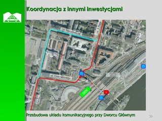 Koordynacja z innymi inwestycjami  Przebudowa układu komunikacyjnego przy Dworcu Głównym T T SKM ul. Narutowicza ul. 3 Maja ul. Potulicka ul. Czarnieckiego Dworzec Główny T A 