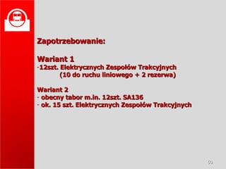 Zapotrzebowanie: Wariant 1 12szt. Elektrycznych Zespołów Trakcyjnych  (10 do ruchu liniowego + 2 rezerwa) Wariant 2 obecny tabor m.in. 12szt. SA136 ok. 15 szt. Elektrycznych Zespołów Trakcyjnych   