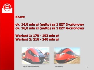 Koszt: ok. 14,0 mln zł (netto) za 1 EZT 3-członowy ok. 16,0 mln zł (netto) za 1 EZT 4-członowy Wariant 1: 170 - 192 mln zł Wariant 2: 210 - 240 mln zł Fot. UM Stołecznego Warszawy Fot. Newag S.A.  