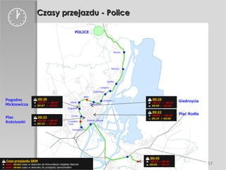 Czasy przejazdu - Police    00:32    -00:06  ÷   -00:20    00:10  ÷ 00:00 Golęcino Stołczyn Gocław Żelechowa Skolwin Drzetowo Niebuszewo SPNT Łękno Pogodno Turzyn Cmentarz Centr. Pomorzany Dworzec Główny POLICE    00:25    -00:13  ÷ -00:27    00:05  ÷ -00:05    00:45    -00:25 ÷ 00:45    00:05  ÷ -00:15  Giedroycia Plac Rodła Pogodno Mickiewicza Plac  Kościuszki    00:28    -00:27  ÷ -00:37    00:07   ÷ -00:02    00:32    -00:28  ÷ 00:43    00:10  ÷ -00:04    Czas przejazdu SKM    zysk/  strata  czasu w stosunku do Komunikacji miejskiej obecnie     zysk/  strata  czasu w stosunku do przejazdu samochodem  