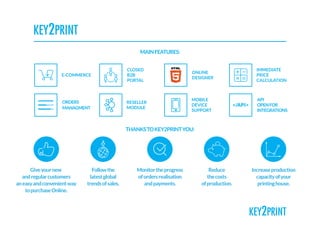 THANKSTOKEY2PRINTYOU:
MAINFEATURES:
Reduce
thecosts
ofproduction.
Followthe
latestglobal
trendsofsales.
ORDERS
MANAGMENT
API
OPENFOR
INTEGRATIONS
Increaseproduction
capacityofyour
printinghouse.
Monitortheprogress
ofordersrealisation
andpayments.
Giveyournew
andregularcustomers
aneasyandconvenientway
topurchaseOnline.
 