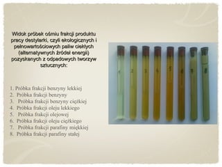 Widok próbek ośmiu frakcji produktuWidok próbek ośmiu frakcji produktu
pracy destylarki, czyli ekologicznych ipracy destylarki, czyli ekologicznych i
pełnowartościowych paliw ciekłychpełnowartościowych paliw ciekłych
(alternatywnych źródeł energii)(alternatywnych źródeł energii)
pozyskanych z odpadowych tworzywpozyskanych z odpadowych tworzyw
sztucznych:sztucznych:
1. Próbka frakcji benzyny lekkiej
2. Próbka frakcji benzyny
3. Próbka frakcji benzyny ciężkiej
4. Próbka frakcji oleju lekkiego
5. Próbka frakcji olejowej
6. Próbka frakcji oleju ciężkiego
7. Próbka frakcji parafiny miękkiej
8. Próbka frakcji parafiny stałej
 