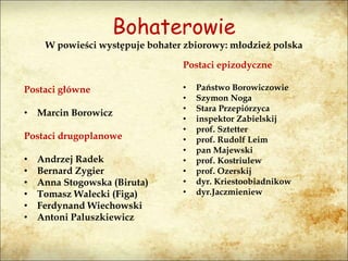 Bohaterowie
W powieści występuje bohater zbiorowy: młodzież polska
Postaci główne
• Marcin Borowicz
Postaci drugoplanowe
• Andrzej Radek
• Bernard Zygier
• Anna Stogowska (Biruta)
• Tomasz Walecki (Figa)
• Ferdynand Wiechowski
• Antoni Paluszkiewicz
Postaci epizodyczne
• Państwo Borowiczowie
• Szymon Noga
• Stara Przepiórzyca
• inspektor Zabielskij
• prof. Sztetter
• prof. Rudolf Leim
• pan Majewski
• prof. Kostriulew
• prof. Ozerskij
• dyr. Kriestoobiadnikow
• dyr.Jaczmieniew
 