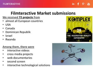 Filmteractive Market submissions 
We received 72 projects from 
• almost all European countries 
• USA 
• Canada 
• Domini...