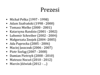 Prezesi
•   Michał Pełka (1997 - 1998)
•   Adam Szafrański (1998 - 2000)
•   Tomasz Mielke (2000 - 2001)
•   Katarzyna Randzio (2001 - 2002)
•   Lubomir Schreiber (2002 - 2004)
•   Małgorzata Znojek (2004 -2005)
•   Ada Paprocka (2005 - 2006)
•   Maciej Jaszczuk (2006 - 2007)
•   Piotr Szeląg (2007 - 2008)
•   Damian Pietrzyk (2008 - 2010)
•   Mateusz Nocuń (2010 - 2012)
•   Marcin Jóźwiak (2012 - …)
 