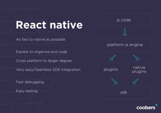 As fast to native as possible
Easiest to organize and code
Cross platform to larger degree
Very easy/Seamless SDK integration
Fast debugging
Easy testing
js code
plugins native
plugins
platform js engine
sdk
 