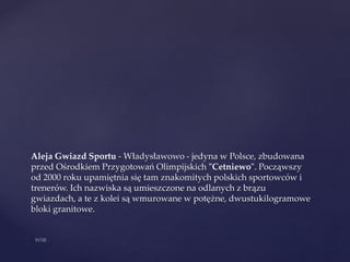 Aleja Gwiazd Sportu - Władysławowo - jedyna w Polsce, zbudowana
przed Ośrodkiem Przygotowań Olimpijskich "Cetniewo". Począwszy
od 2000 roku upamiętnia się tam znakomitych polskich sportowców i
trenerów. Ich nazwiska są umieszczone na odlanych z brązu
gwiazdach, a te z kolei są wmurowane w potężne, dwustukilogramowe
bloki granitowe.
 