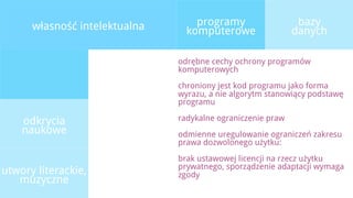 własność intelektualna       programy                   bazy
                                 komputerowe                 danych

                               odrębne cechy ochrony programów
                               komputerowych
                               chroniony jest kod programu jako forma
                               wyrazu, a nie algorytm stanowiący podstawę
                               programu

    odkrycia                   radykalne ograniczenie praw
    naukowe                    odmienne uregulowanie ograniczeń zakresu
                               prawa dozwolonego użytku:
                               brak ustawowej licencji na rzecz użytku
                               prywatnego, sporządzenie adaptacji wymaga
utwory literackie,             zgody
   muzyczne
 