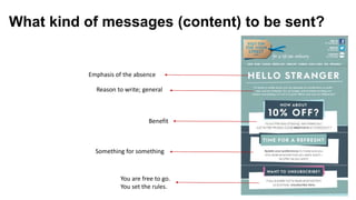 What kind of messages (content) to be sent?
Emphasis of the absence
Reason to write; general
Benefit
Something for something
You are free to go.
You set the rules.
 