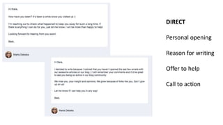 DIRECT
Personal opening
Reason for writing
Offer to help
Call to action
 