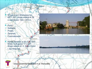  W granicach Warszawy km
497÷ 527, droga wodna kl. Ib
o szerokości 184 ÷ 223 m,
 Porty:
 Siekierki,
 Praski,
 Żerański,
 Czerniakowski
 Kanał Żerański w km 521+500
Wisły, o długości 17,3 km -
droga wodna kl. II, śluza Żerań
i Jaz Nieporęt.
Urząd Dzielnicy Targówek m.st. Warszawy
 