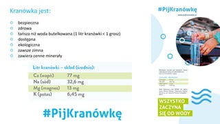 Kranówka jest:
bezpieczna
zdrowa
tańsza niż woda butelkowana (1 litr kranówki < 1 grosz)
dostępna
ekologiczna
zawsze zimna...