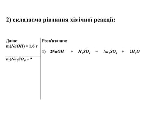 Дано:
m(NaOH) = 1,6 г
Розв’язання:
1) 2NaOH + H2SO4 = Na2SO4 + 2H2O
m(Na2SO4) - ?
2) складаємо рівняння хімічної реакції:
 