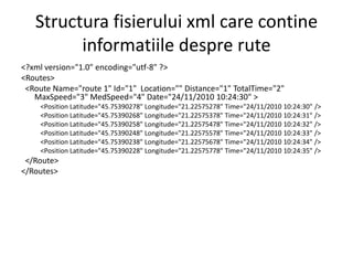 Structurafisierului xml care contineinformatiiledesprerute<?xml version="1.0" encoding="utf-8" ?><Routes>  <Route Name="route 1" Id="1"  Location="" Distance="1" TotalTime="2" MaxSpeed="3" MedSpeed="4" Date="24/11/2010 10:24:30" ><Position Latitude="45.75390278" Longitude="21.22575278" Time="24/11/2010 10:24:30" /> <Position Latitude="45.75390268" Longitude="21.22575378" Time="24/11/2010 10:24:31" /> <Position Latitude="45.75390258" Longitude="21.22575478" Time="24/11/2010 10:24:32" /> <Position Latitude="45.75390248" Longitude="21.22575578" Time="24/11/2010 10:24:33" /> <Position Latitude="45.75390238" Longitude="21.22575678" Time="24/11/2010 10:24:34" /> <Position Latitude="45.75390228" Longitude="21.22575778" Time="24/11/2010 10:24:35" />  </Route></Routes>