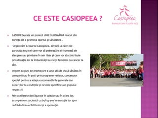  
CASIOPEEA este un proiect UNIC în ROMÂNIA născut din dorinţa de a promova sportul şi sănătatea . 
 
Organizăm Crosurile Casiopeea, acţiuni la care pot participa toţi cei care vor să petreacă o zi frumoasă de alergare sau plimbare în aer liber şi care vor să contribuie prin donaţia lor la îmbunătăţirea vieţii femeilor cu cancer la sân. 
 
Iniţiem acţiuni de promovare a unui stil de viaţă sănătos în companii sau în şcoli prin programe variate, concepute special pentru a adapta recomandările generale ale experţilor la condiţiile şi nevoile specifice ale grupului respectiv. 
 
Prin atelierele desfăşurate în spitale sau în afara lor, acompaniem pacienţii cu boli grave în evoluţia lor spre redobândirea echilibrului şi a speranţei.  