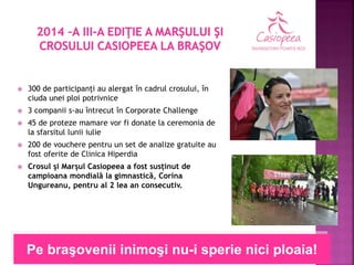 300 de participanți au alergat în cadrul crosului, în ciuda unei ploi potrivnice 
3 companii s-au întrecut în Corporate Challenge 
45 de proteze mamare vor fi donate la ceremonia de la sfarsitul lunii iulie 
200 de vouchere pentru un set de analize gratuite au fost oferite de Clinica Hiperdia 
Crosul şi Marşul Casiopeea a fost susținut de campioana mondială la gimnastică, Corina Ungureanu, pentru al 2 lea an consecutiv. 
Pe braşovenii inimoşi nu-i sperie nici ploaia!  
